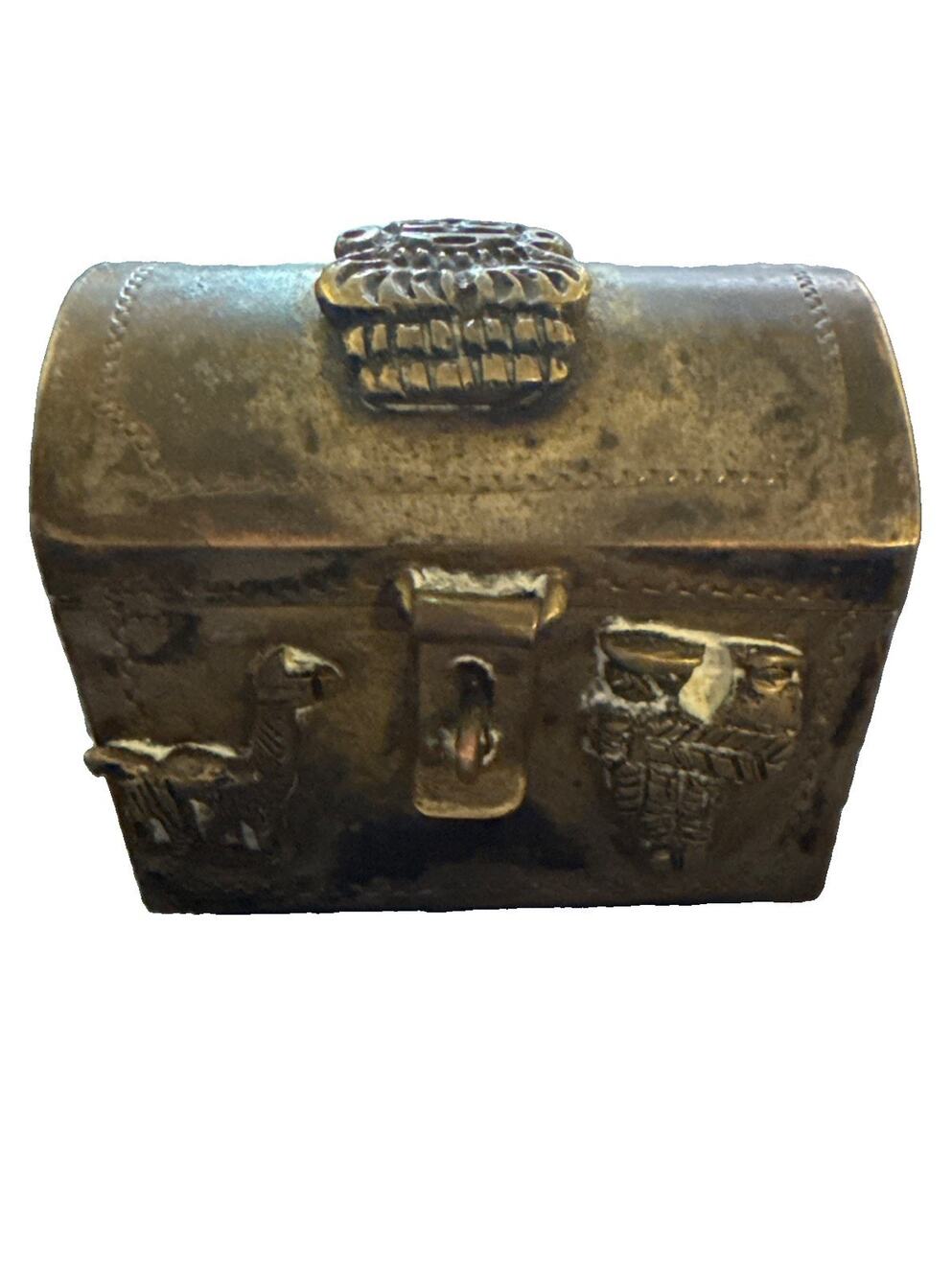 Vintage Peruvian Brass Trinket Box Llamas Owl Andean Folk Art